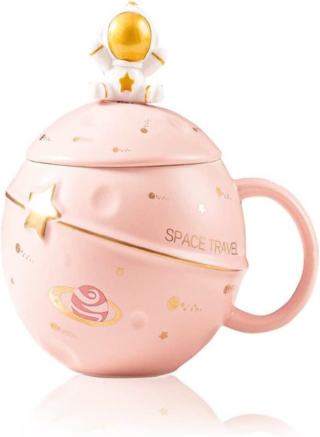 كيلا كوب الفضاء ضغط الفضاء كوب الكوكب، سيراميك جميل كوب القهوة، والجديدة مع غطاء مع كوب ملعقة، مناسبة لتعبئة القهوة، والشاي، والحليب، غرفة تزيين الجمال هدايا مضحكة للفتيات والفتيان والنساء (( الوردي) - Image 2