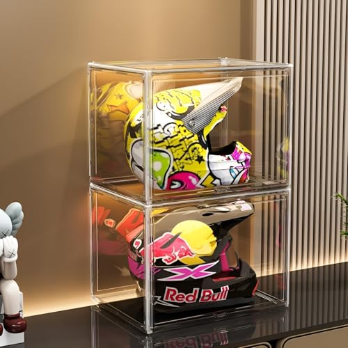 GUDEMAY Large Clear Stackable Plastic Storage Bins with Door, Dustproof Figures Collectibles Display Case, Football & Motorcycle Helmet Showcase, Basketball, Memorabilia Organizer Box (XL, Count, 1) - Image 1