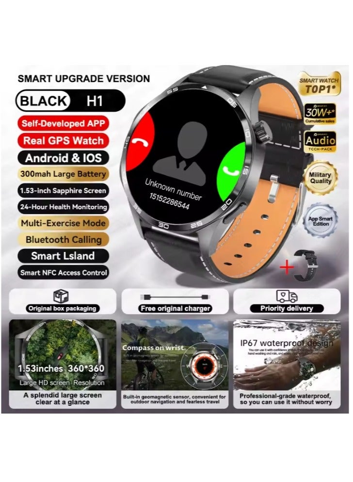 Beauenty Smart Watch GT5 With Bluetooth Calling Function (Answer/Make Calls), Fitness Tracking Watch With Sleep Monitoring Function, Suitable For IPhone/Android, IP68 Waterproof (Black silicone + Black leath - Image 2