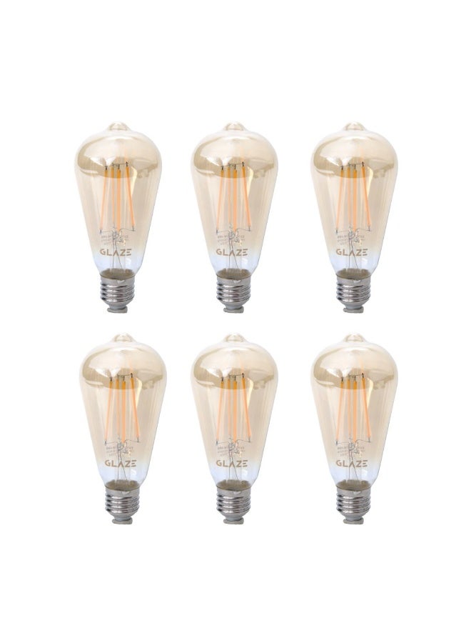 Glaze Vintage LED Filament Light Bulb ST64 Amber Glass Decorative Edison Style Lamp with E27 Base for Home, Café and Restaurant Lighting (Pack of 6)