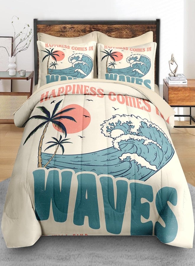 Pamnest Comforter Set Queen Size, Summer Beach Surf 7 Pcs Bedding for Kids and Adults, Vintage Board Palm Bed Sheet Sets with Fitted Sheet 2 Pillowcases & 2 Shams for Bedroom Bed Decor - Image 3