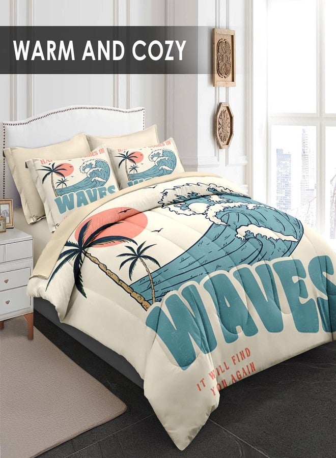 Pamnest Comforter Set Queen Size, Summer Beach Surf 7 Pcs Bedding for Kids and Adults, Vintage Board Palm Bed Sheet Sets with Fitted Sheet 2 Pillowcases & 2 Shams for Bedroom Bed Decor - Image 2