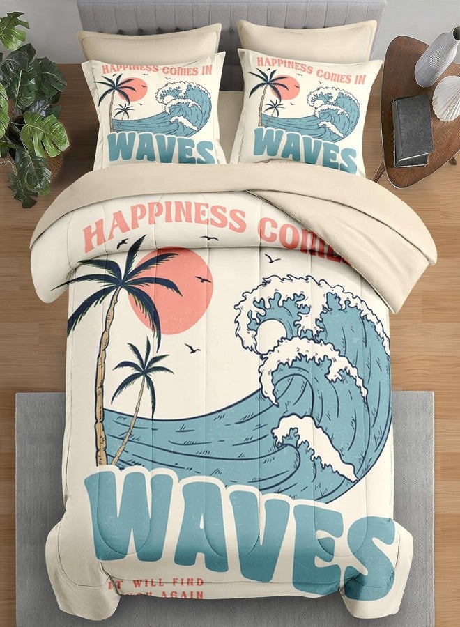 Pamnest Comforter Set Queen Size, Summer Beach Surf 7 Pcs Bedding for Kids and Adults, Vintage Board Palm Bed Sheet Sets with Fitted Sheet 2 Pillowcases & 2 Shams for Bedroom Bed Decor - Image 1