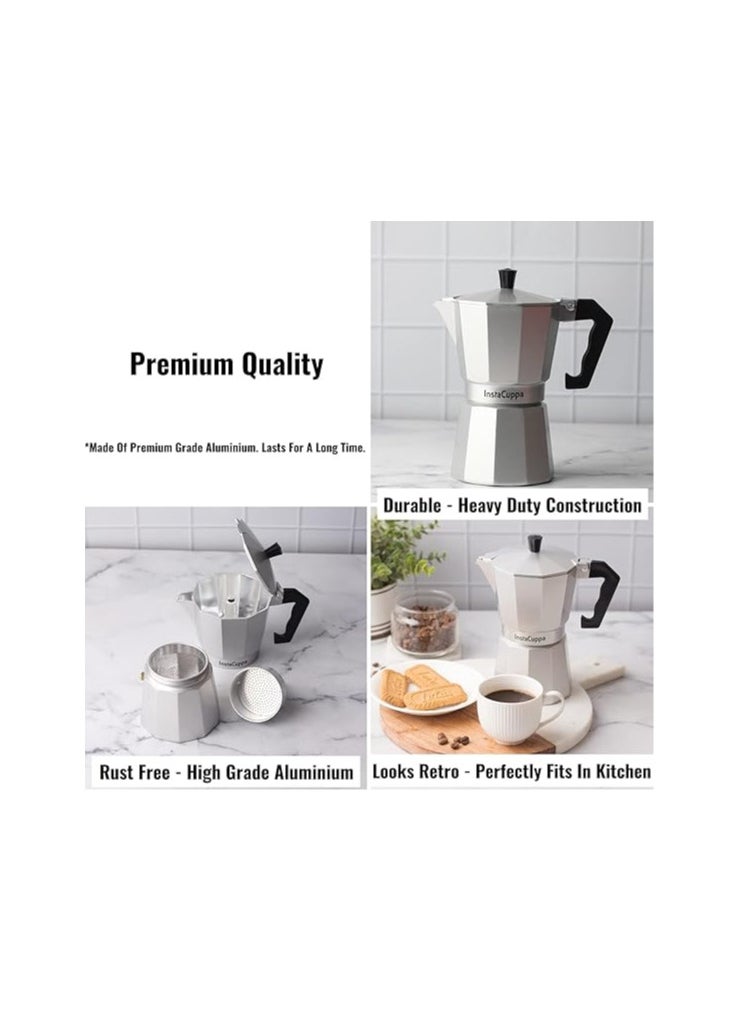 Atlasware InstaCuppa Classic Stovetop Moka Pot Espresso Maker, Italian Style Percolator Coffee Maker, Durable and Premium Grade Aluminium Build, 300 ML, Silver  - Image 2