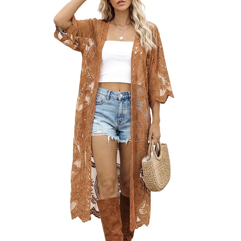 Funnysoft Kimonos for Women Lace Cardigan Swimsuit Cover up Summer Kimono Cardigan Open Front Sheer Long Boho Coverup(Brass) - Image 1