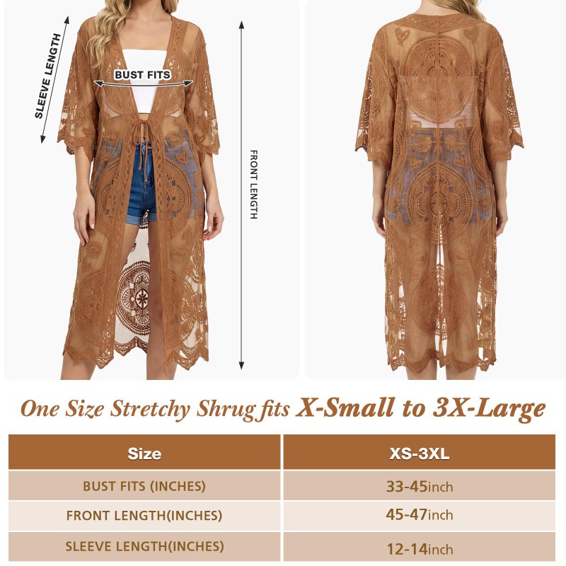 Funnysoft Kimonos for Women Lace Cardigan Swimsuit Cover up Summer Kimono Cardigan Open Front Sheer Long Boho Coverup(Brass) - Image 2