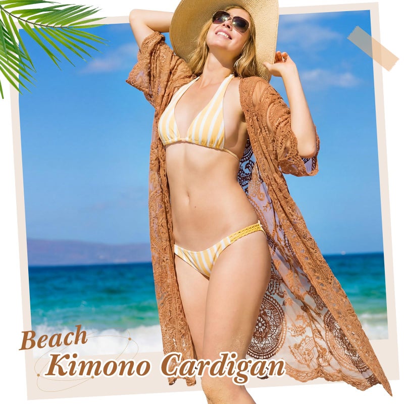 Funnysoft Kimonos for Women Lace Cardigan Swimsuit Cover up Summer Kimono Cardigan Open Front Sheer Long Boho Coverup(Brass) - Image 3