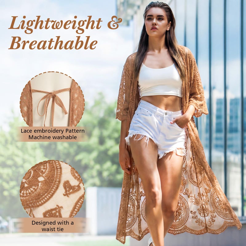 Funnysoft Kimonos for Women Lace Cardigan Swimsuit Cover up Summer Kimono Cardigan Open Front Sheer Long Boho Coverup(Brass) - Image 4