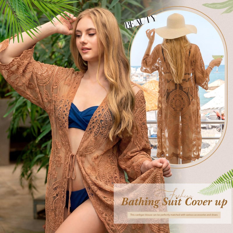 Funnysoft Kimonos for Women Lace Cardigan Swimsuit Cover up Summer Kimono Cardigan Open Front Sheer Long Boho Coverup(Brass) - Image 5