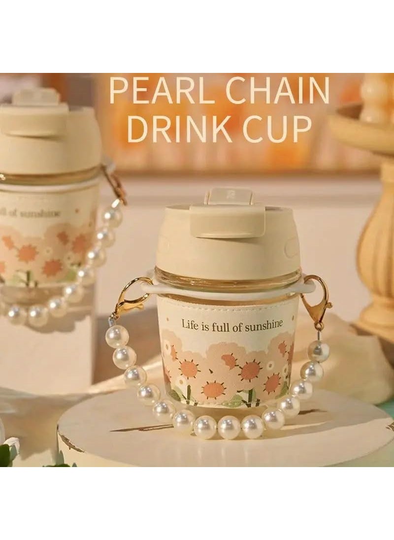 DD RETAILS DD RETAILS Cute Fruit Juice Glass Tumbler || Cartoon Water Cup with Lid and Straw || Portable Water Bottle for Lemon Tea, Fruit Tea, Ice Drinks (Pack of 1) (Pearl Chain Cup)  - Image 2