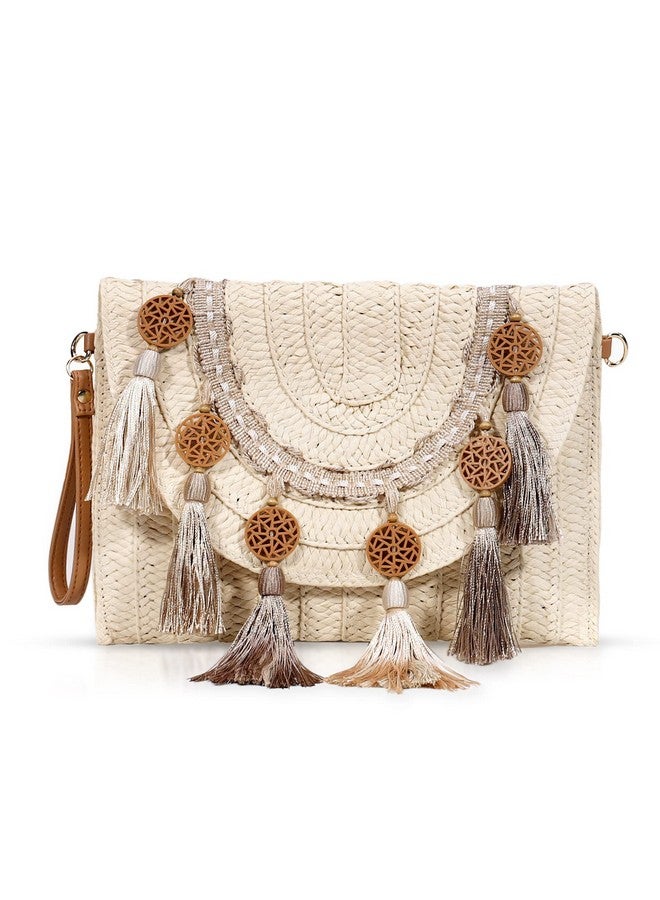 QTKJ Crossbody Bags For Women Clutch Purses Straw Beach Bag Bohemian Handmade Woven Purse Tassel Handbags For Women Vacation Travel(Beige) - Image 1