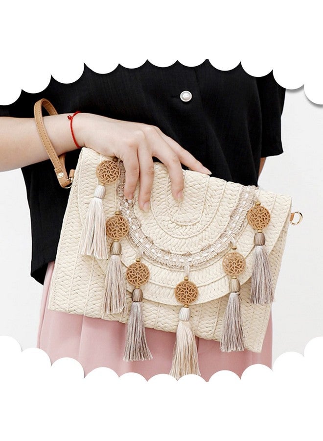 QTKJ Crossbody Bags For Women Clutch Purses Straw Beach Bag Bohemian Handmade Woven Purse Tassel Handbags For Women Vacation Travel(Beige) - Image 5