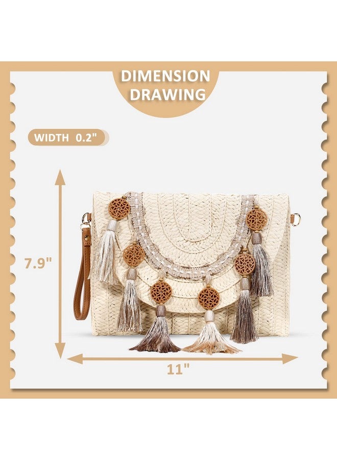 QTKJ Crossbody Bags For Women Clutch Purses Straw Beach Bag Bohemian Handmade Woven Purse Tassel Handbags For Women Vacation Travel(Beige) - Image 2