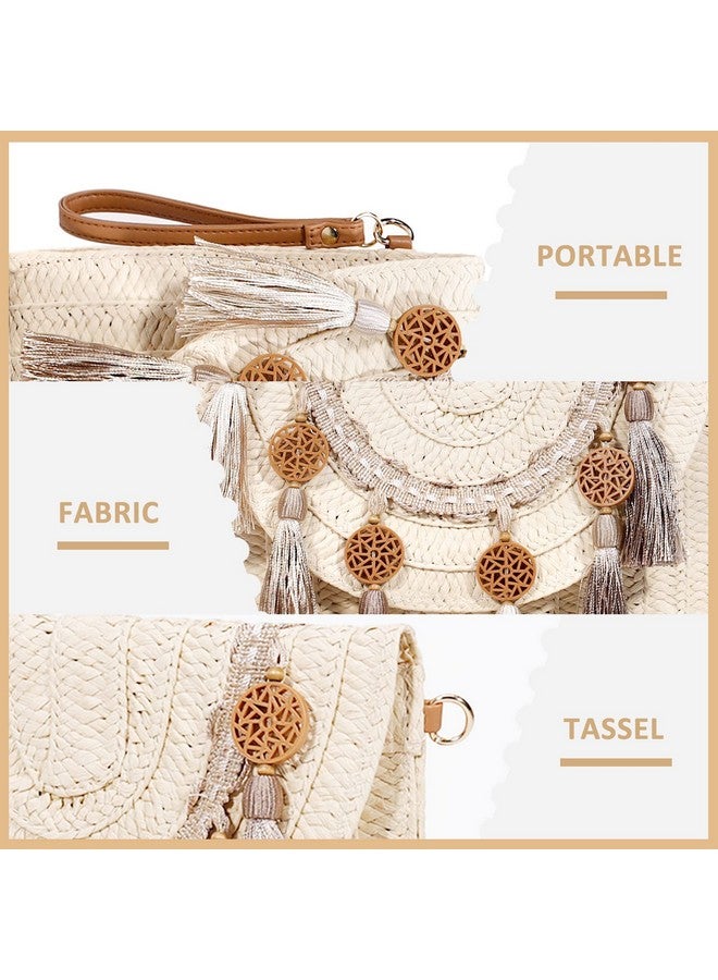 QTKJ Crossbody Bags For Women Clutch Purses Straw Beach Bag Bohemian Handmade Woven Purse Tassel Handbags For Women Vacation Travel(Beige) - Image 4