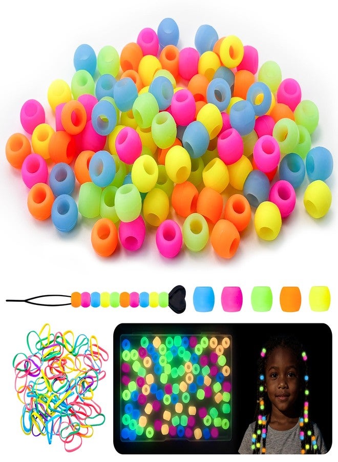 Jyukan 100Pcs Silicone Hair Beads for Kids Glow in The Dark, Soft Colorful Rubber Pony Beads for Girls Braids Hair Accessories for Dreadlock with Rubber Band and Quick Beader, Small - Image 1
