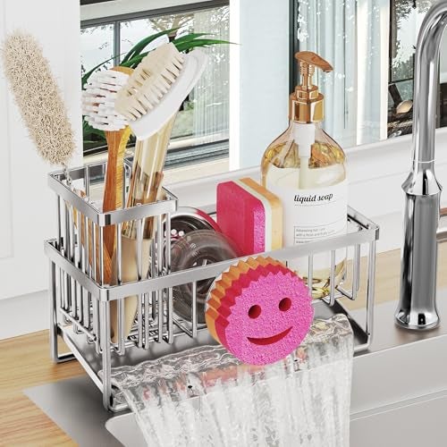 Taugast Sponge Holder for Kitchen SinkSmiley Face Sink Caddy with Removable Brush HolderSelfDraining Sponge Caddy for SoapDish BrushScrubberKitchen Essentials and GadgetsSilver - Image 1