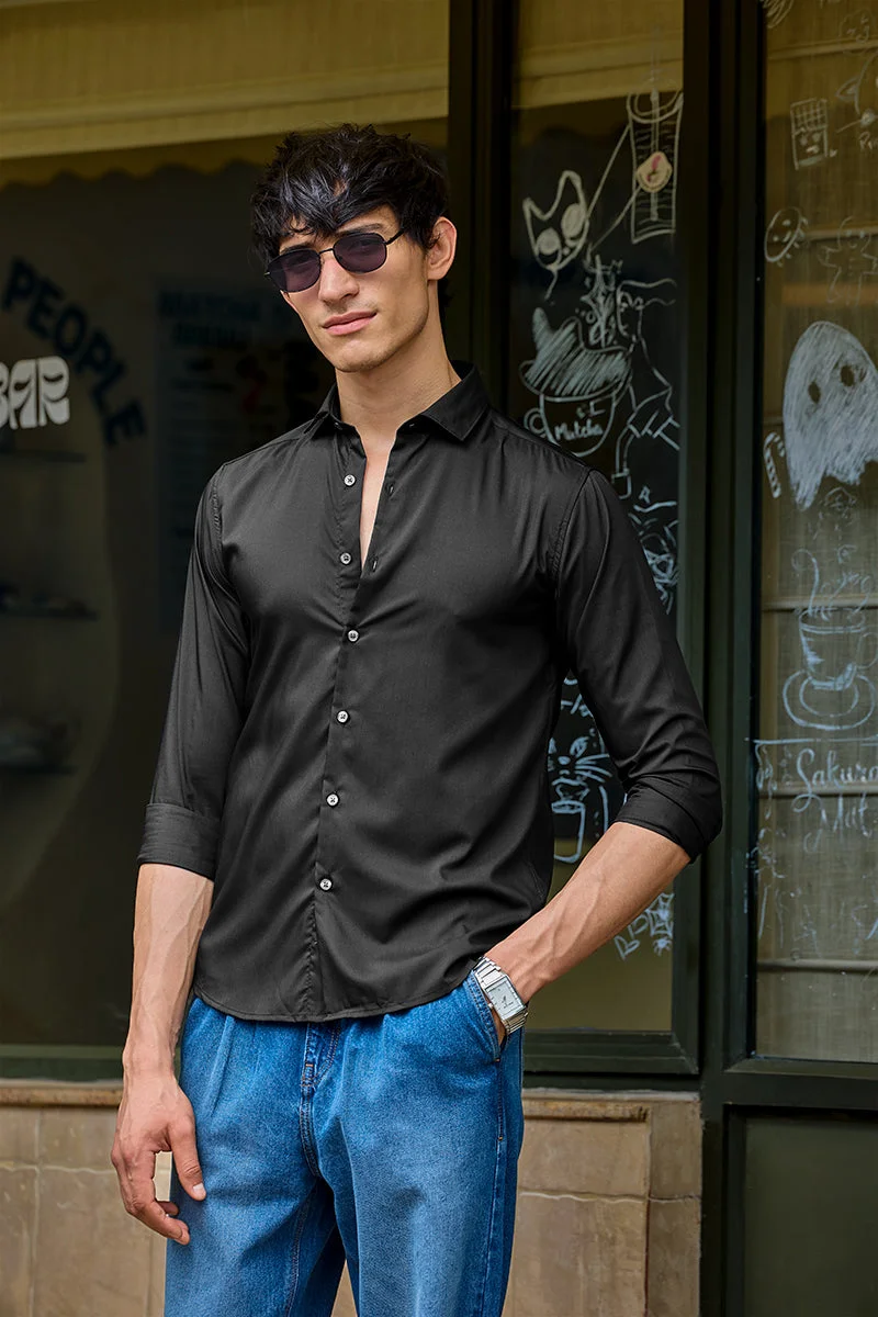 SNITCH Black Solid Long Sleeve Slim Fit Formal Shirt