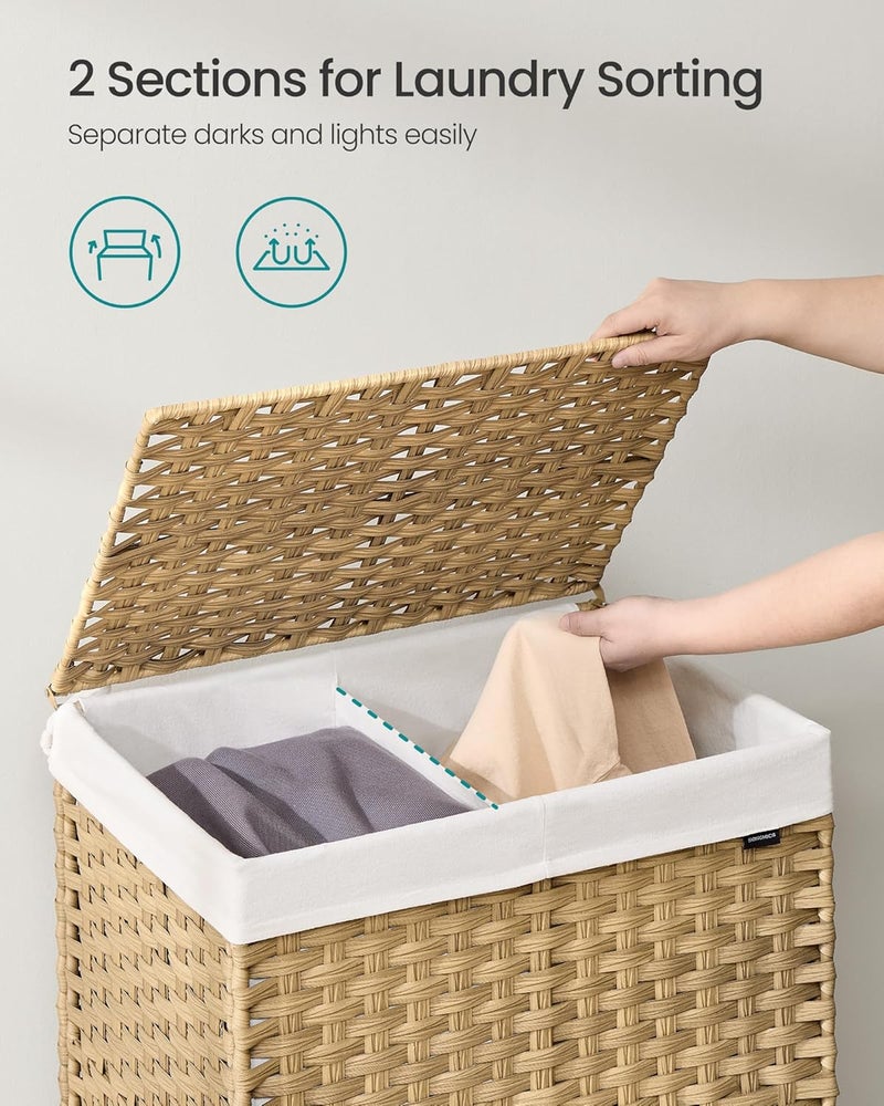 SONGMICS Laundry Hamper with Lid, 38.3 Gallons (145 L), Rolling Laundry Basket with Wheels, 2-Section Synthetic Rattan, Removable Liner, Bedroom, 21.7 x 15.7 x 26 Inches, Natural Color - Image 3