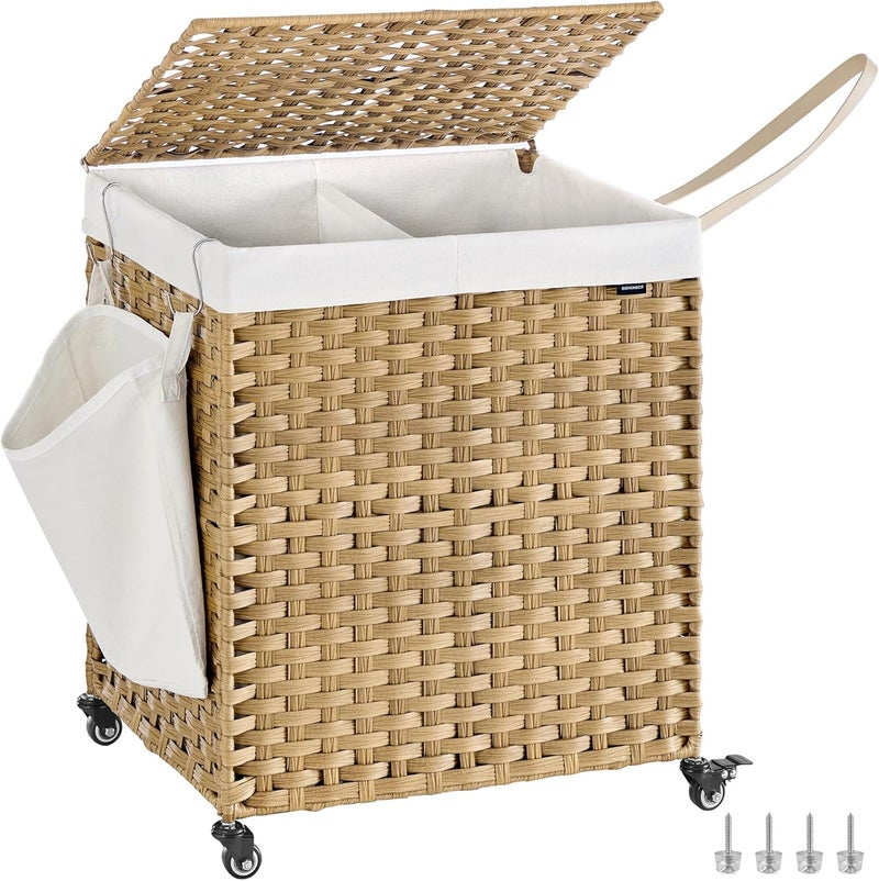SONGMICS Laundry Hamper with Lid, 38.3 Gallons (145 L), Rolling Laundry Basket with Wheels, 2-Section Synthetic Rattan, Removable Liner, Bedroom, 21.7 x 15.7 x 26 Inches, Natural Color - Image 1