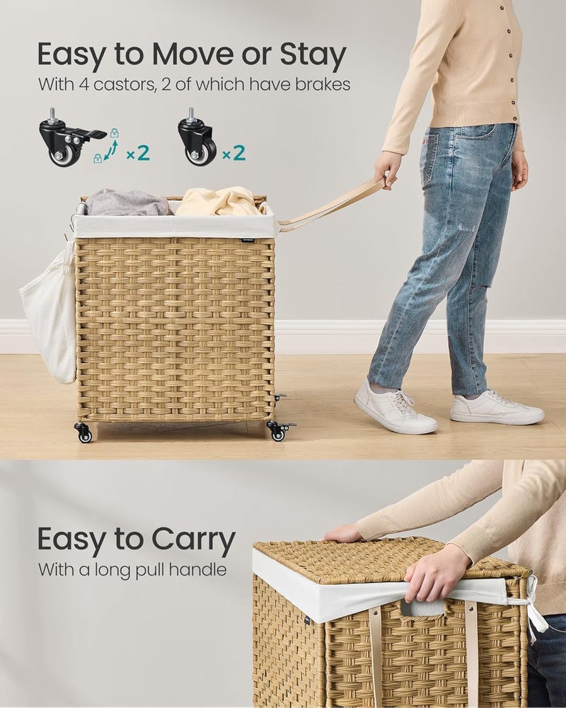 SONGMICS Laundry Hamper with Lid, 38.3 Gallons (145 L), Rolling Laundry Basket with Wheels, 2-Section Synthetic Rattan, Removable Liner, Bedroom, 21.7 x 15.7 x 26 Inches, Natural Color - Image 5