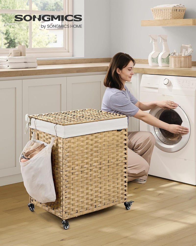 SONGMICS Laundry Hamper with Lid, 38.3 Gallons (145 L), Rolling Laundry Basket with Wheels, 2-Section Synthetic Rattan, Removable Liner, Bedroom, 21.7 x 15.7 x 26 Inches, Natural Color - Image 2