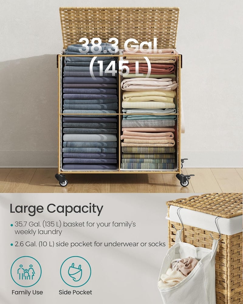 SONGMICS Laundry Hamper with Lid, 38.3 Gallons (145 L), Rolling Laundry Basket with Wheels, 2-Section Synthetic Rattan, Removable Liner, Bedroom, 21.7 x 15.7 x 26 Inches, Natural Color - Image 4