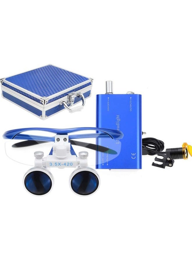 EAST Brand 3.5X 420mm Working Distance Optical Glass Surgical Binocular Loupes and LED Head Light Lamp with Filter Aluminum Box Style (Blue) - Image 1