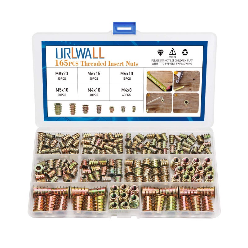 URLWALL 165PCS Threaded Inserts Nuts, Wood Insert Assortment Tool Kit, M4/M5/M6/M8 Furniture Screw in Nut Inserts Metric Bolt Fastener Hex Socket Drive for Wood Furniture Assortment - Image 1
