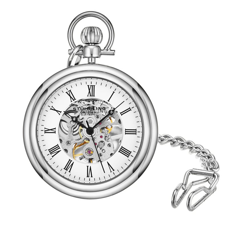 Stuhrling Original Men's Pocket Watch Stainless Steel Analog Skeleton Watch Hand Wind Mechanical Movement Stainless Steel Chain - Image 1