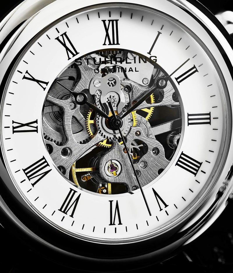 Stuhrling Original Men's Pocket Watch Stainless Steel Analog Skeleton Watch Hand Wind Mechanical Movement Stainless Steel Chain - Image 3