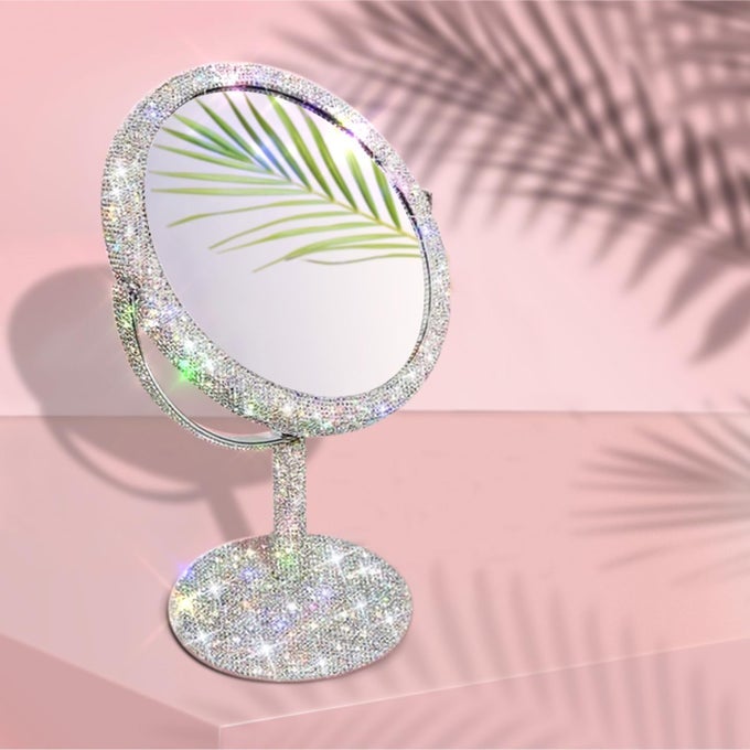 BLING MAKEUP VANITY MIRROR LUXURY STAND DOUBLE SIDED MIRROR CRYSTAL RHINESTONE PORTABLE DESK BATHROOM BEDROOM 2X MAGNIFICATION