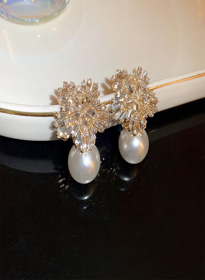 YERTTER Chic Pearl Rhinestone Dangle Earrings Crystal Statement Vintage Gold Pearl Earrings Set for Women - Image 4