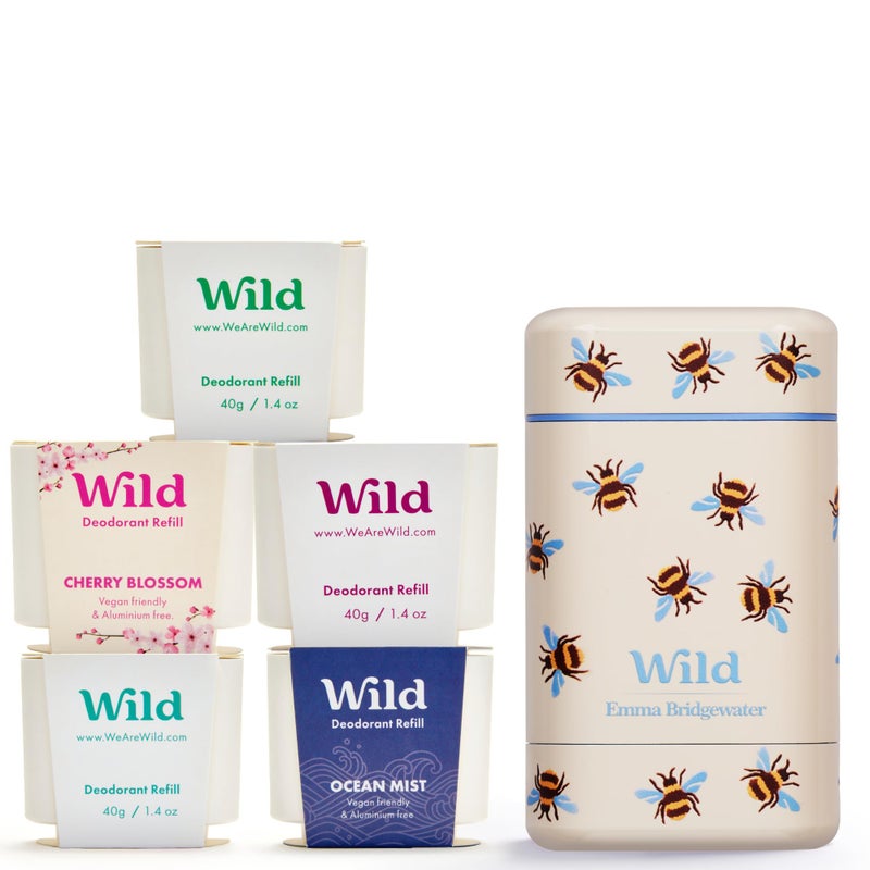 Wild - The Full Monty Aluminum Free Deodorant Starter Kit for Women - Refillable Stick Deodorant Bee Print Case & Zero Plastic Vegan Refills in a Variety of Scents 5 x 1.4oz - Long Lasting Protection - Image 1