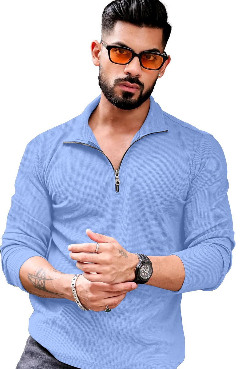 KAJARU Men's Polyester Blend T Shirt with Spread Collar Neck Line Zipper Closure Full Sleeves Solid Pattern Regular Fit and Standard Length SkyBlue - Image 1
