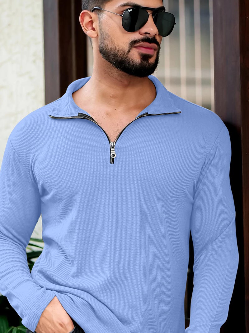 KAJARU Men's Polyester Blend T Shirt with Spread Collar Neck Line Zipper Closure Full Sleeves Solid Pattern Regular Fit and Standard Length SkyBlue - Image 2