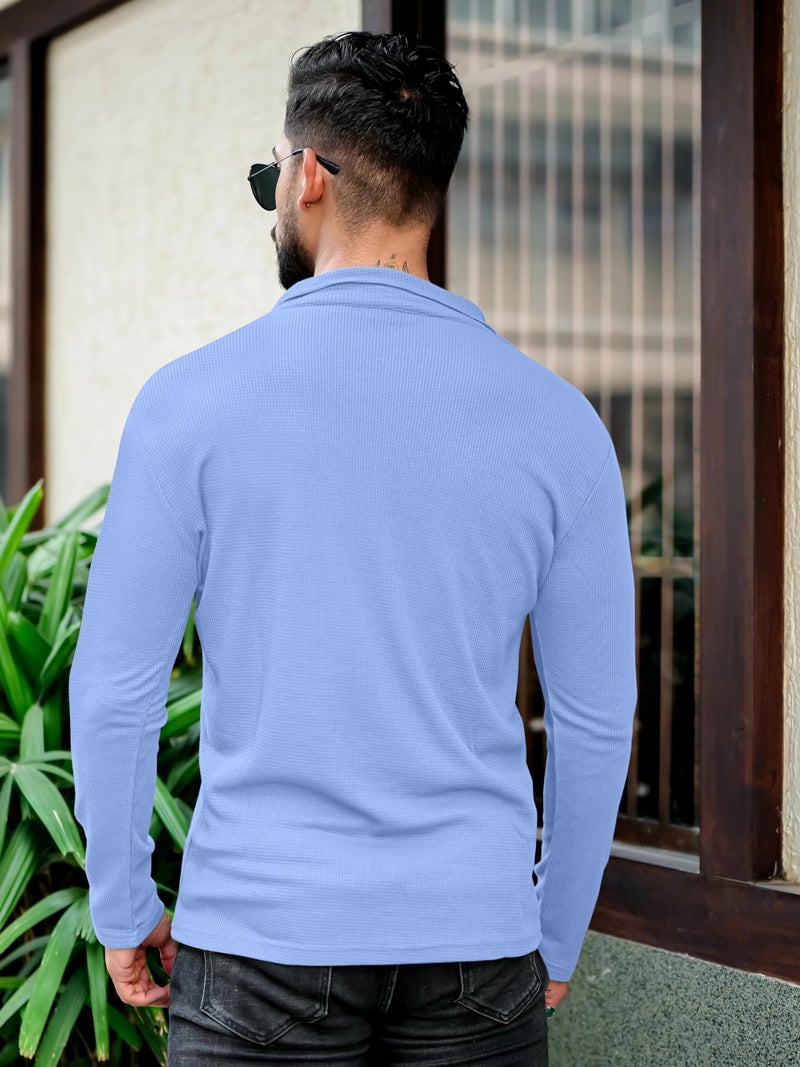 KAJARU Men's Polyester Blend T Shirt with Spread Collar Neck Line Zipper Closure Full Sleeves Solid Pattern Regular Fit and Standard Length SkyBlue - Image 3