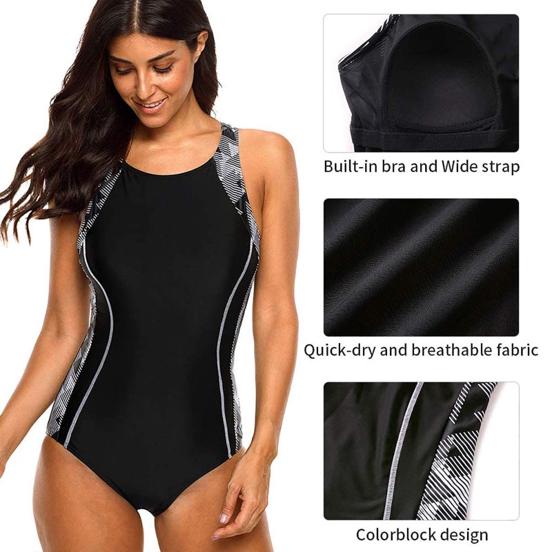 CharmLeaks Womens Racerback Sport One Piece Swimsuit Training One Piece Swimming Suit L Black/White - Image 5