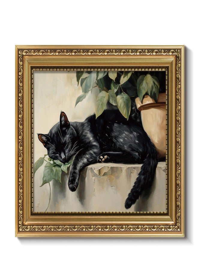 ARPEOTCY Vintage Gold Framed Wall Art Decor, Sleeping Black Cat Wall Art for Living Room Bedroom, Retro Vintage Animal Picture for Ktichen Bathroom Decor Aesthetic, 8x10 Inch - Image 1