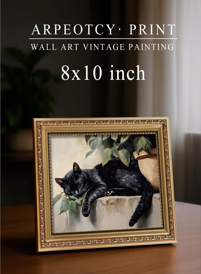 ARPEOTCY Vintage Gold Framed Wall Art Decor, Sleeping Black Cat Wall Art for Living Room Bedroom, Retro Vintage Animal Picture for Ktichen Bathroom Decor Aesthetic, 8x10 Inch - Image 2
