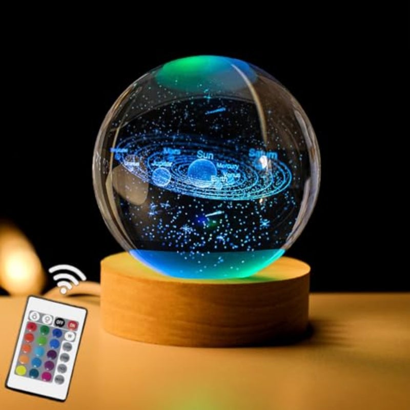 Solar System 3D Crystal Ball with LED Stand, Remote Control, 16 Colors Change, Galaxy Glass Sphere Lamp, Decorative Glass Ball Paperweight Gifts 80mm - Image 1