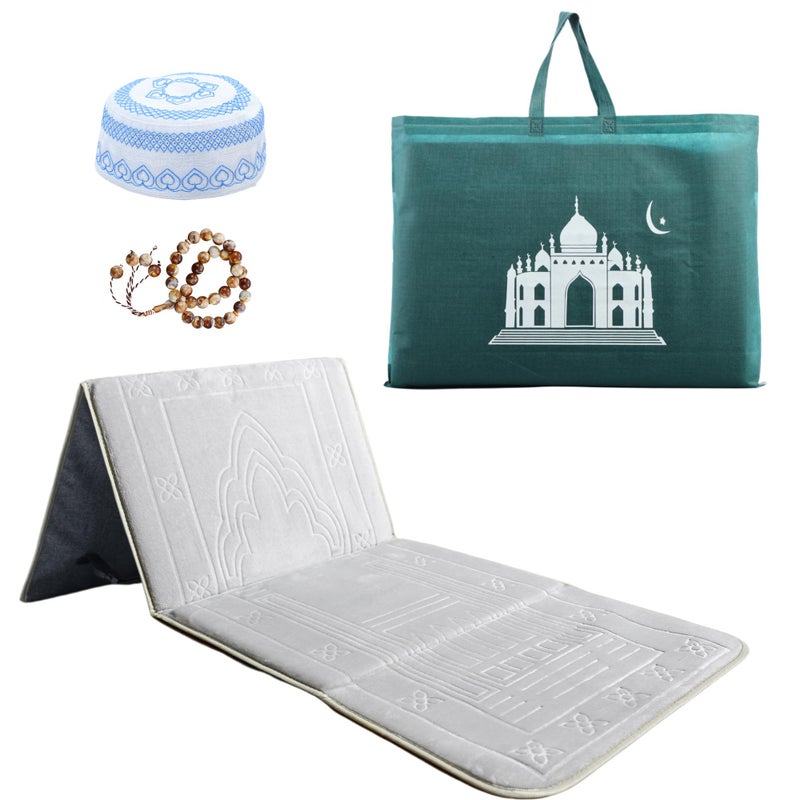 Oscorna Foldable Muslim Prayer Mat with Back Rest Support, Thick Padded Islamic Prayer Rug, Travel Portable Carpet for Women Men, janamaz, Sajadah, Meditation Prayer Ramadan Eid Gift with Hat and 33 Beads - Image 1