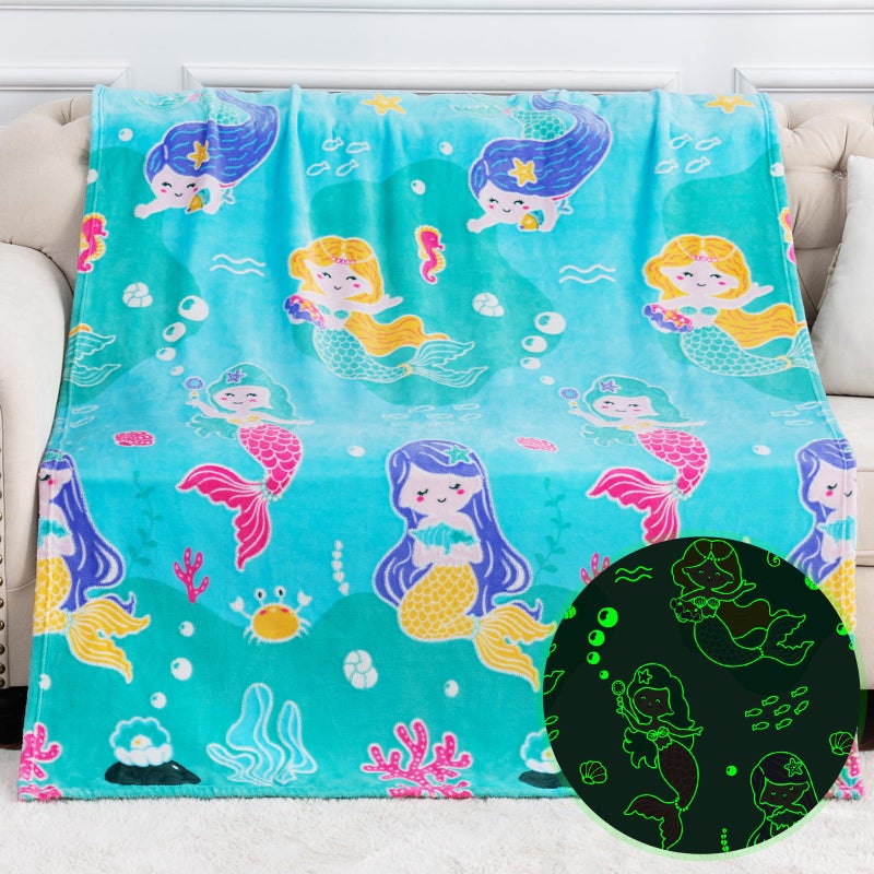 Levens Mermaid Toys Gifts for Girls Kids - Glow in The Dark Ocean Blanket Best Birthday Christmas Valentines Day Easter Presents for Ages 1 2 3 4 5 6 7 8 9 10 Year Old Child Toddler Soft Throw 50""X60"" - Image 1