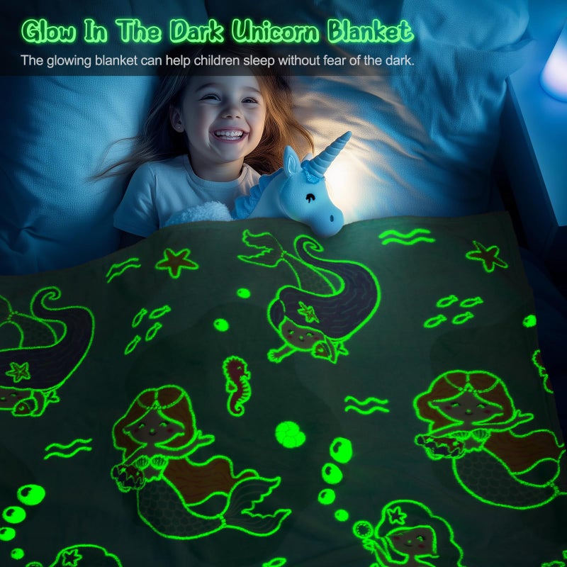 Levens Mermaid Toys Gifts for Girls Kids - Glow in The Dark Ocean Blanket Best Birthday Christmas Valentines Day Easter Presents for Ages 1 2 3 4 5 6 7 8 9 10 Year Old Child Toddler Soft Throw 50""X60"" - Image 2