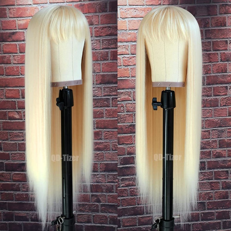 QD-Tizer #613 Blonde Long Straight Synthetic Hair Wigs with Bangs Women's Costume Wig Heat Resistant Hair Replacement Wig - Image 5