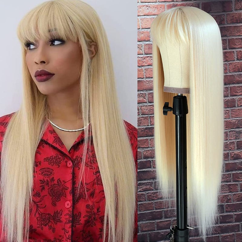 QD-Tizer #613 Blonde Long Straight Synthetic Hair Wigs with Bangs Women's Costume Wig Heat Resistant Hair Replacement Wig - Image 1