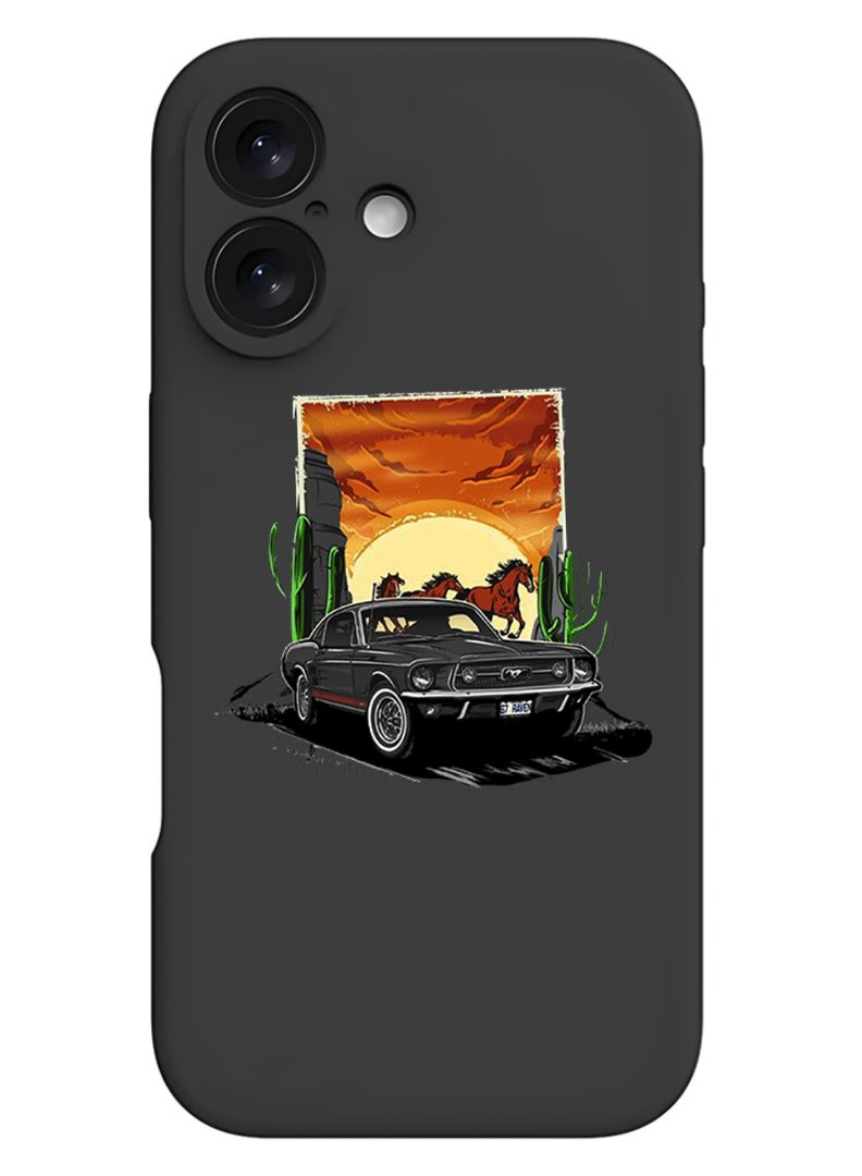Theodor iPhone 16 Plus Black Protective Slim Fit Case Liquid Silicone Cover with Full Body Protection Anti-Scratch Shockproof Case For iPhone - Car horse - Image 1