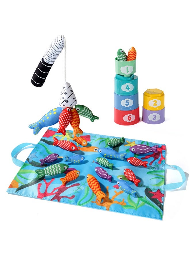 Toddler Toys Montessori Toys- Cloth Fishing Game for Toddler 1-3 with Stacking Cups - Number Counting, Color Sorting Learning for 1 Year Old Boy Girl Birthday Gift - Image 1