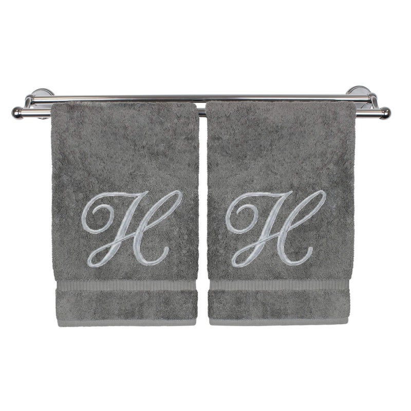 Monogrammed Hand Towel Personalized Gift 16 x 30 Inches  Set of 2  Silver Embroidered Towel  Extra Absorbent 100 Turkish Cotton Soft Terry Finish  for Bathroom Kitchen and Spa Script H Gray