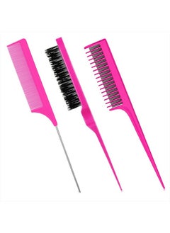 Patelai 3-Piece Styling Comb Set: Fluffy Brush, Rat Tail Comb, and Triple Back Combing Comb for Women (Rose Red)  - Image 1