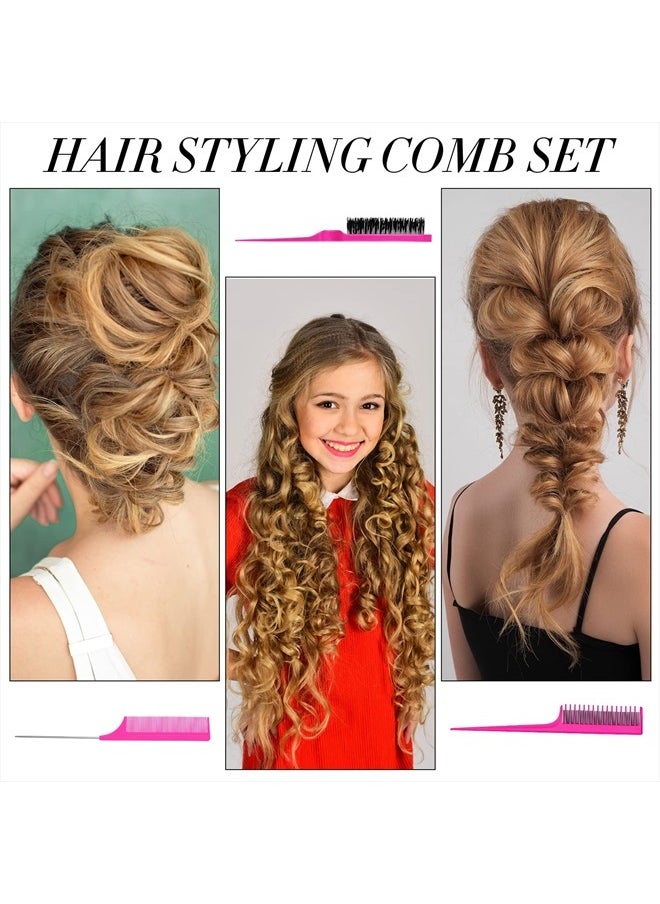 Patelai - 3-Piece Styling Comb Set: Fluffy Brush, Rat Tail Comb, and Triple Back Combing Comb for Women (Rose Red) - Image 1